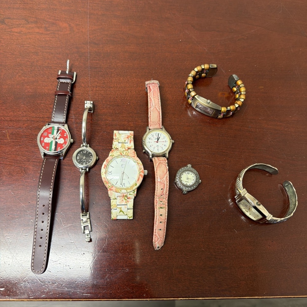 Lot of 7 Women's Fashion Watches Quartz Cuff Bracelet Floral Pink AS IS Untested